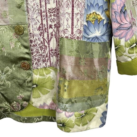 Amanda Smith Patchwork Satin Blazer Jacket Size M Green Crest Boho Lagenlook Y2K - Picture 4 of 8